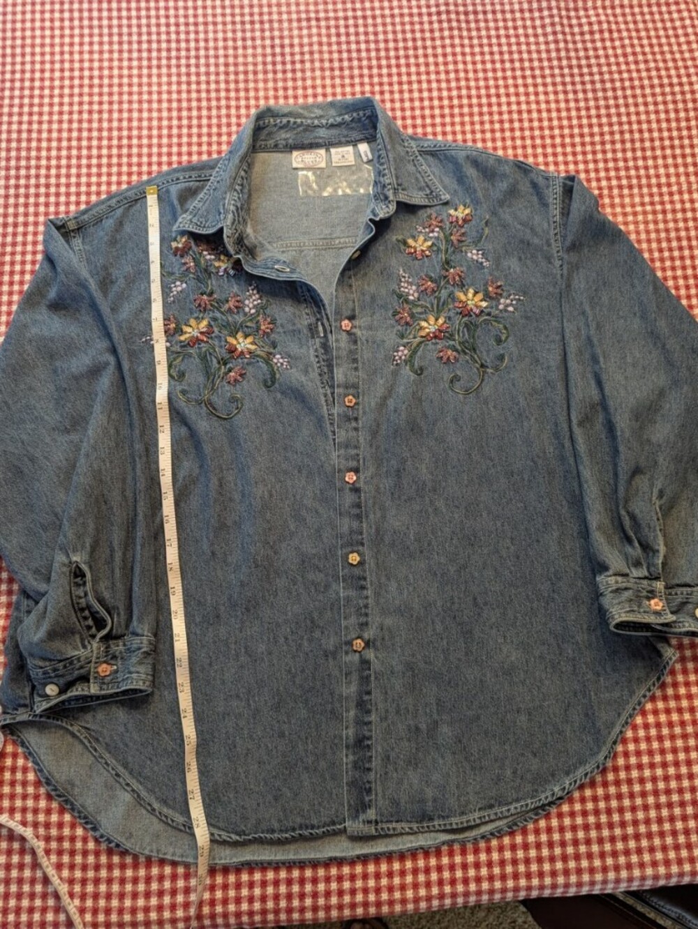 Bead Embroidery on Denim Button-Up Shirt in Medium Blue 26